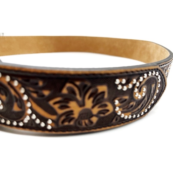 Justin Belts Brown Leather Belt Rhinestone Cross Buckle Sz 38 Western Belt - Picture 2 of 3